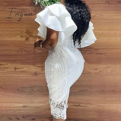 Ingvn - 2023 Summer Fashion Midi Dress Elegant Evening Party White Dresses for Women Classy Prom High-waist Lace Ruffle Female Clothing