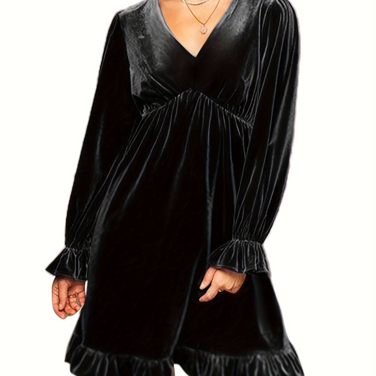 V Neck Velvet Dress For Women Long Sleeve Ruffle Midi Dress Wedding Party Dress With Pockets
