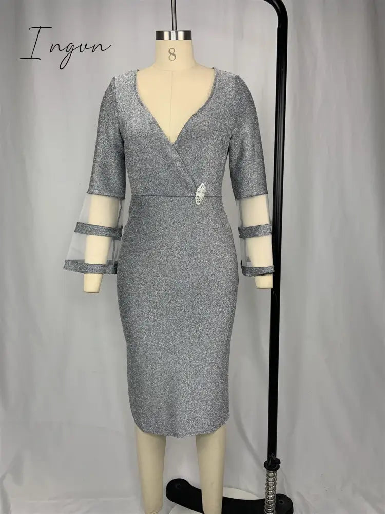 Ingvn - Plus Size Women Dresses Autumn Elegant Bright Silk Wedding Evening Birthday Party Dress V Neck Mesh Sleeve Club Outfits 8XL