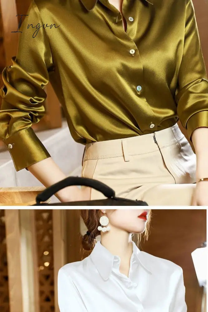 Ingvn - Brand Quality Luxury Women Shirt Elegant Office Button Up Long Sleeve Shirts Momi Silk Crepe Satin Blouses for Women Fashion Business Ladies Top