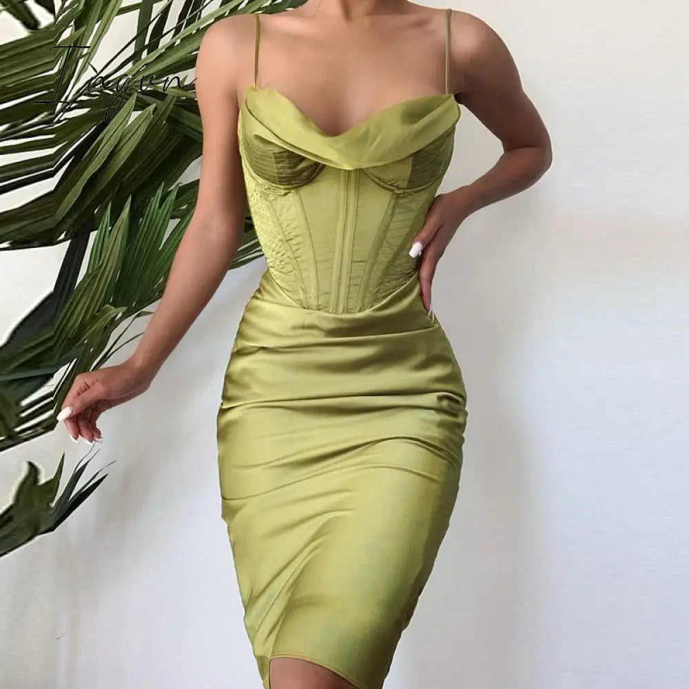 Ingvn - trends high quality Giyu Night Clubwear Party Satin White Dresses Women Summer Sexy Bodycon Midi Vestidos Spaghetti Strap Backless Corset Dress