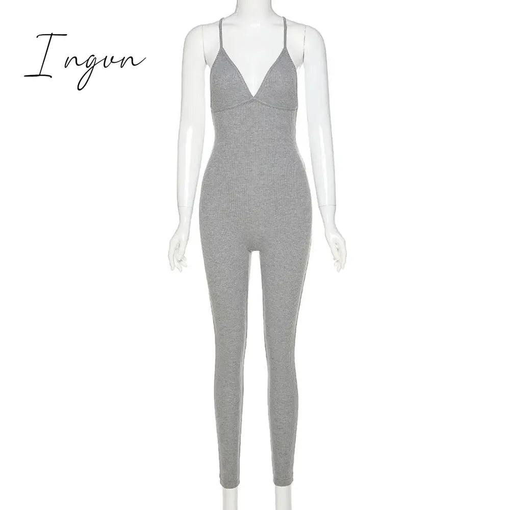 Ingvn - v-neck skinny sexy jumpsuit women summer hollow out partywear halter sleeveless streetwear outfit fitness backless