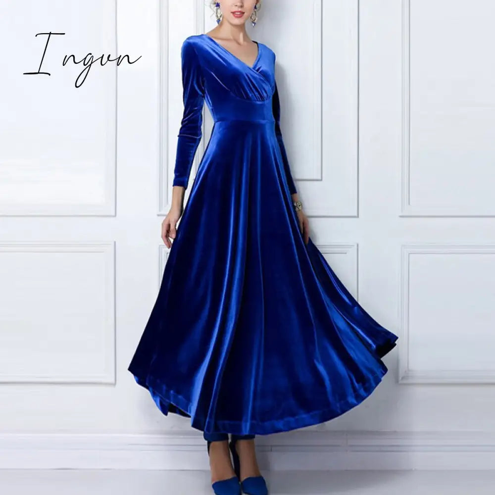 Ingvn - Gold Velvet Maxi Dress V-neck Maxi Dress