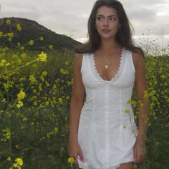 European And American Sexy Hollow Out Embroidered Dress Women V Neck Sleeveless A-line Mini White Dresses Summer Robe
