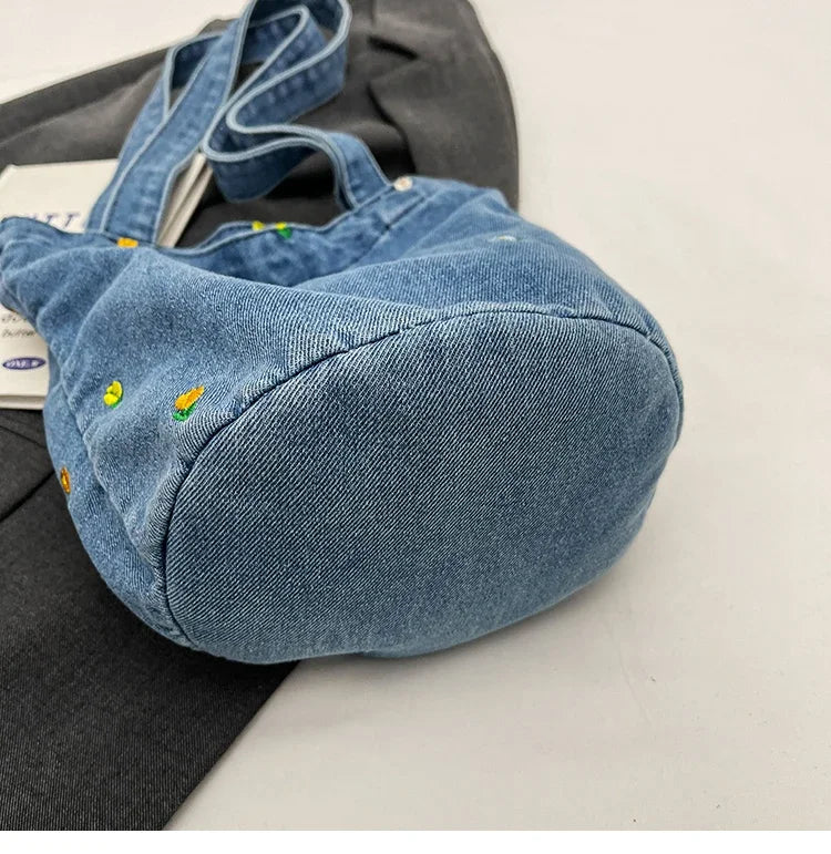 Ingvn  Large Capacity Women's Shoulder Bucket Bag Soft Denim Female Reusable Shopping Bags Embroidery Flower Ladies Tote Purse Handbag
