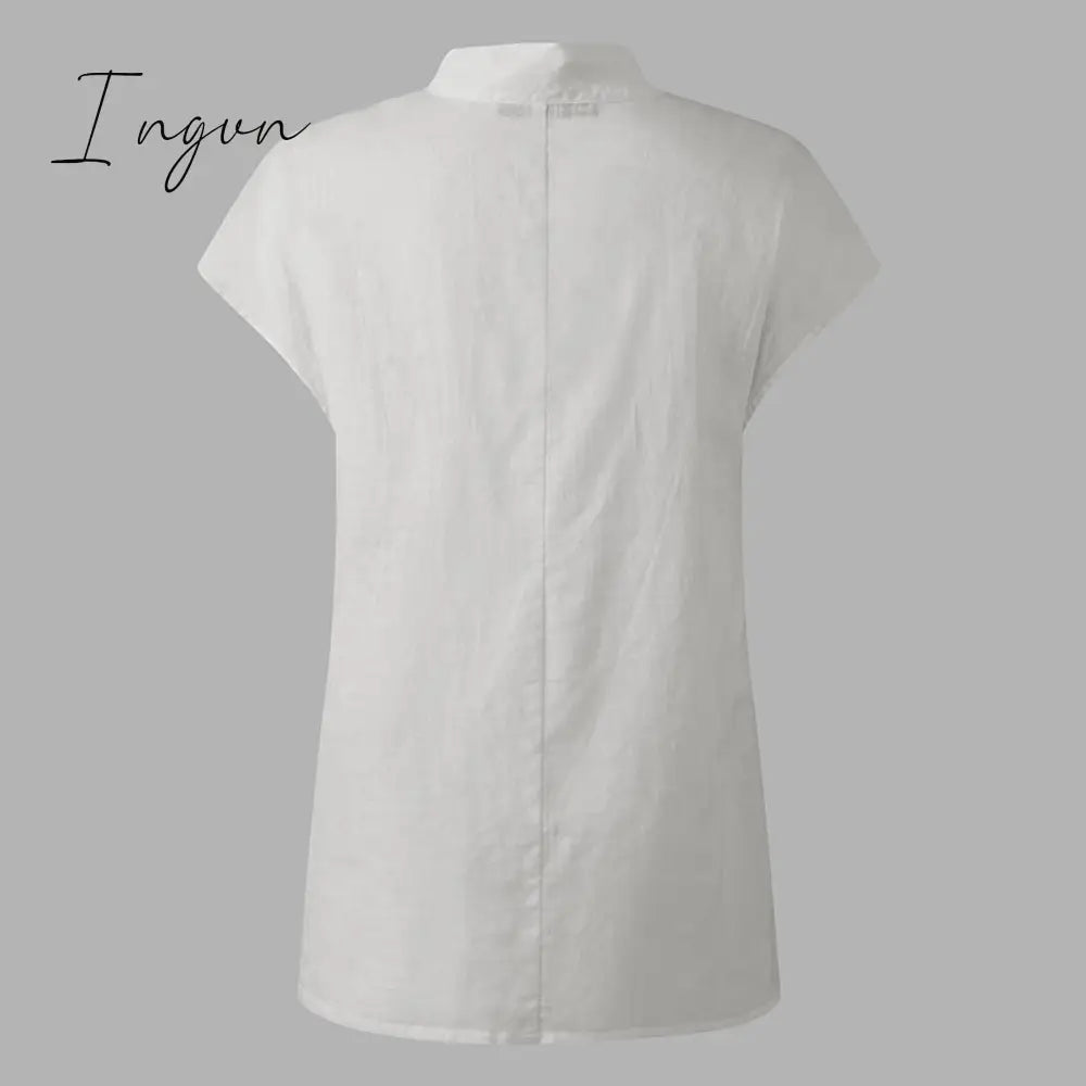 Ingvn - New Stylish Tunic Tops Plus Size Women Short Sleeve Summer Blouses Buttons Solid Cotton Linen Tops Casual Loose Blusas Femme
