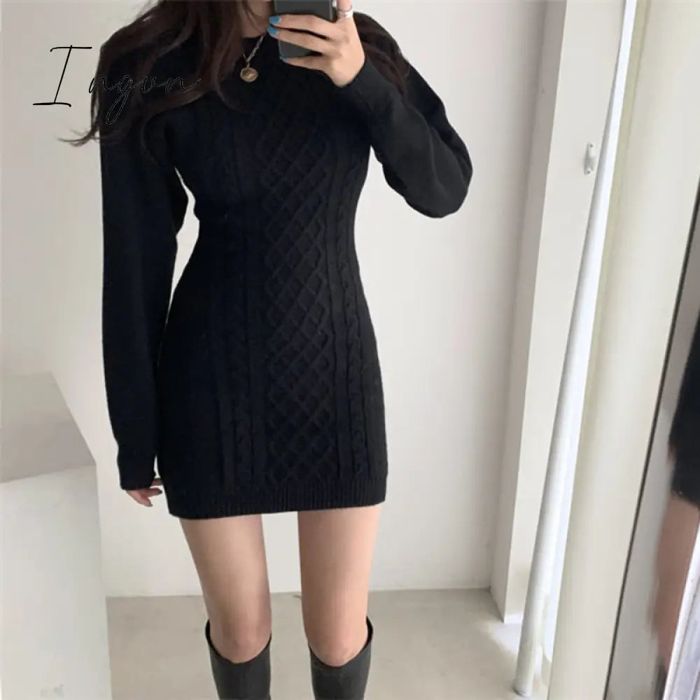 Ingvn - Fashion Hollow Out Waist Sweater Dress Women Autumn Winter High Elastic Twist Knitted Dress Casual Bodycon Mini Dress 3 Colors