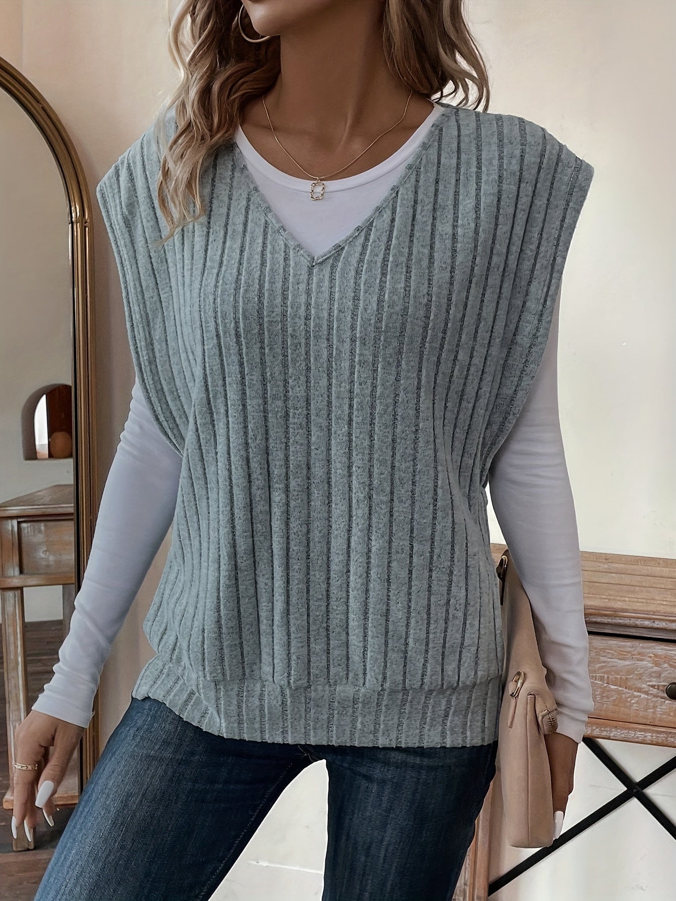 Solid V Neck Rib Knit Vest, Casual Split Side Sleeveless Loose Sweater Vest, Women's Clothing
