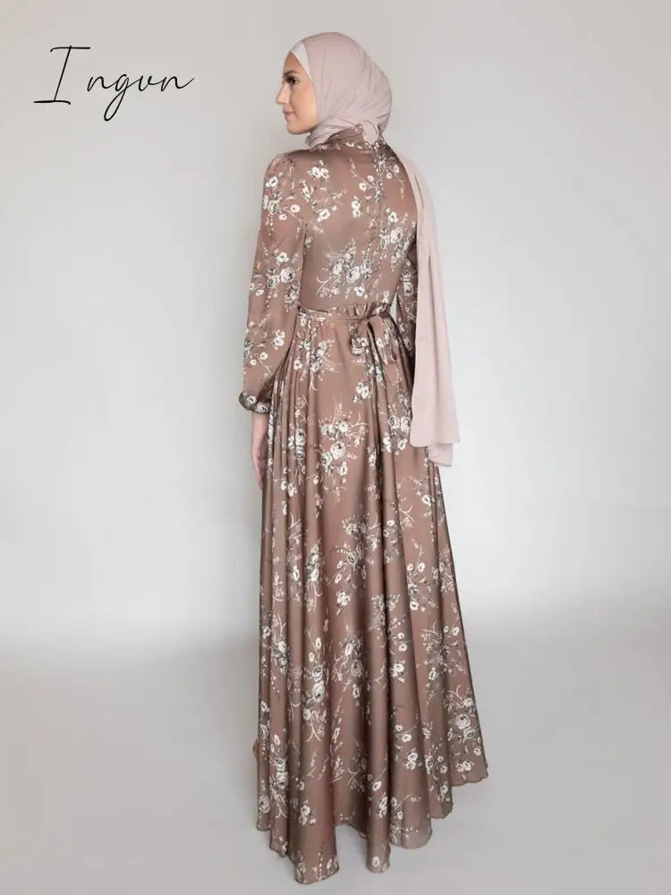 Ingvn - New Morocco Long Dress Muslim Women Flowers Printed Silky Long Abayas Robes Fancy Maxi Dress French Stylish Islamic Dress Belt