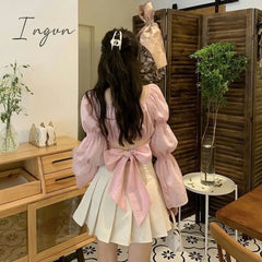 Ingvn - Women Spring Fashion Back Puff Sleeve Shirts Women Autumn French Bow Bandage Blouses New Black Pink Square Neck Cropped Tops Female
