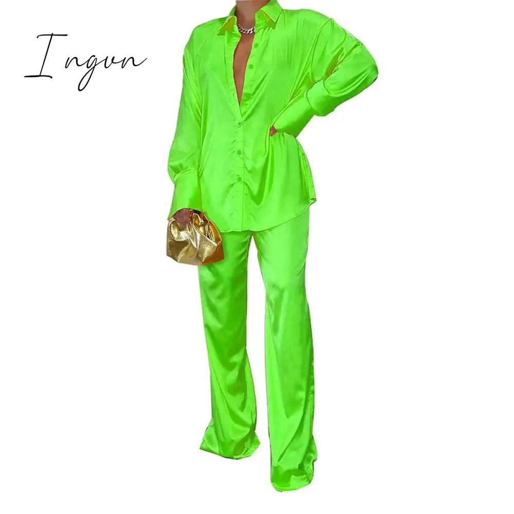 Ingvn - Women Elegant Satin Two Piece Sets Casual Feamle Solid Loose Outfits Long Sleeve Shirt And Wide Leg Straight Pants Suits