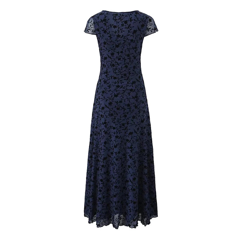 New Women Navy Blue Floral Print Mesh A-line Midi Dress High Waist V Neck Short Sleeve Summer Dresses Vintage  Robe