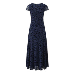 New Women Navy Blue Floral Print Mesh A-line Midi Dress High Waist V Neck Short Sleeve Summer Dresses Vintage  Robe