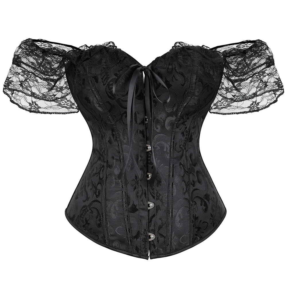 Voguable Womens Bustier Overbust Corselet Lace Up Short Sleeve Sheer Corset Bluse Costume Crop Top