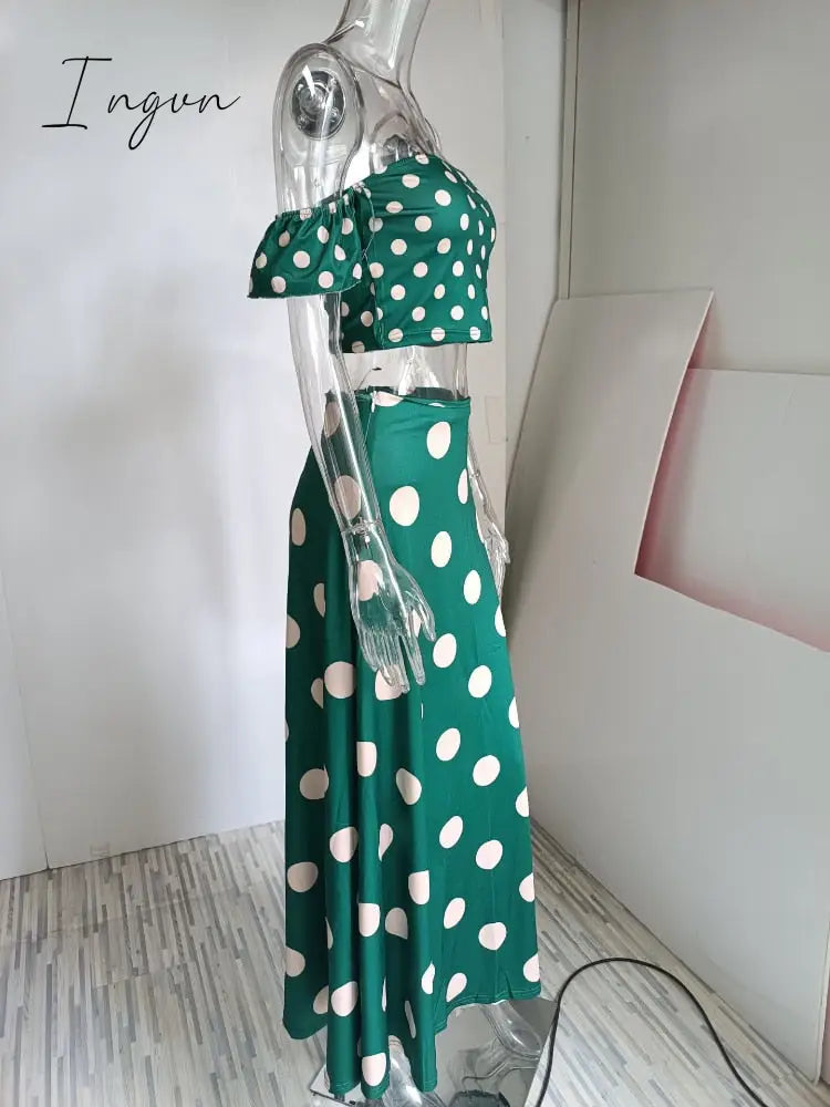 Ingvn - Polka Dot Print Maxi Skirt Suit Women Summer Print Cropped Top Sexy Side Split High Waist Skirt 2 Piece Sets Woman Beach Outfits