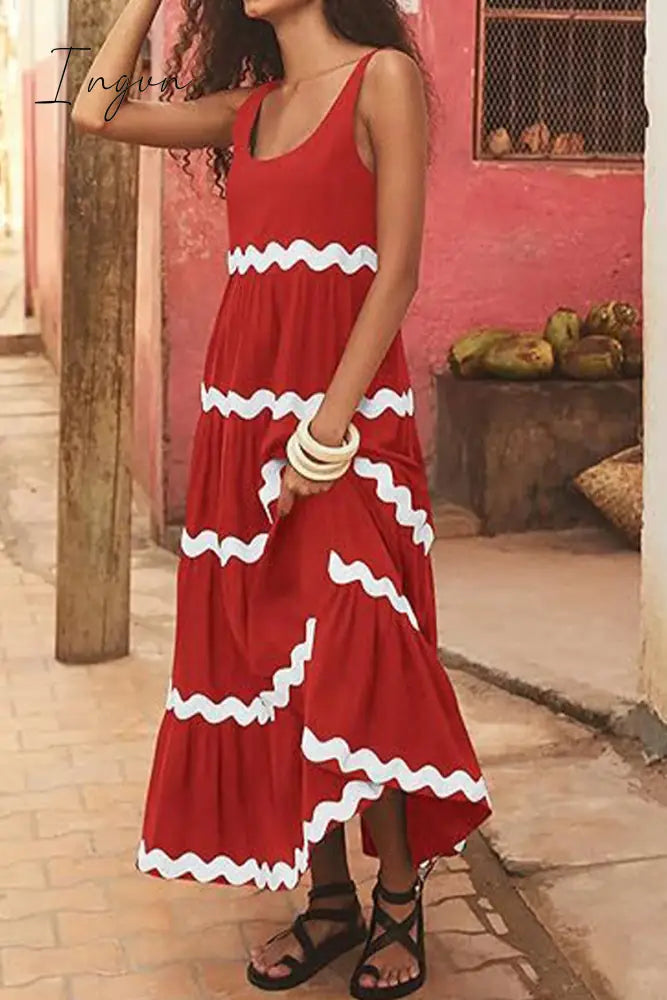 Ingvn - Sexy Simplicity Print Ripple Contrast U Neck Sleeveless Dress Dresses