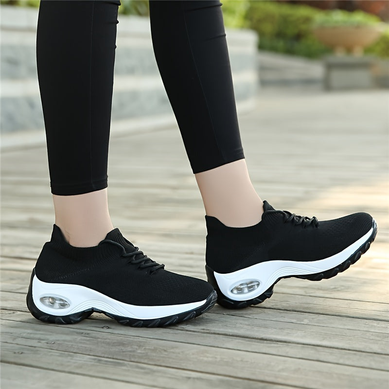 Ultra-Comfortable Women's Road Running Shoes - Breathable Knit Sneakers with Thick Air Cushion Sole, Easy-Tie Laces for Running and Business Casual - Perfect for Fitness Enthusiasts and Busy Professionals