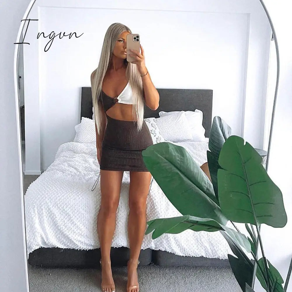 Ingvn - Spaghetti Strap Drawstring Ruched Cut-Out Sexy Backless Mini Dress for Women Club Party Sleeveless Dresses Bodycon