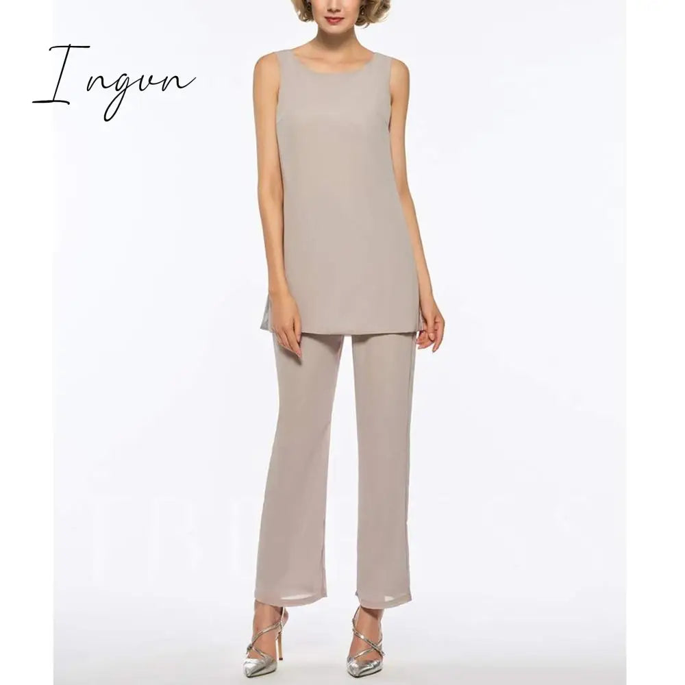 Ingvn - Mother of the Bride Dresses Plus Size Dress Blazer Champagne Chiffon Pantsuit 3 Pieces Wedding Party Guest Gown Dress