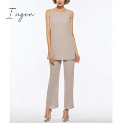 Ingvn - Mother of the Bride Dresses Plus Size Dress Blazer Champagne Chiffon Pantsuit 3 Pieces Wedding Party Guest Gown Dress