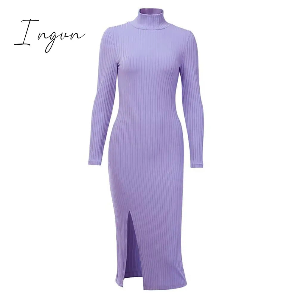 Ingvn - Sexy Knee-Length Party Dresses Cotton Ribbed Knitted Turtleneck Solid Split Long Sleeve Autumn Mock Neck Elegant Dress