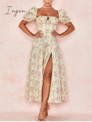 Ingvn - Print Summer Dress Women Floral Short Puff Sleeves Square Collar Holiday MIDI Dress Female Drawstring High Slit Dress