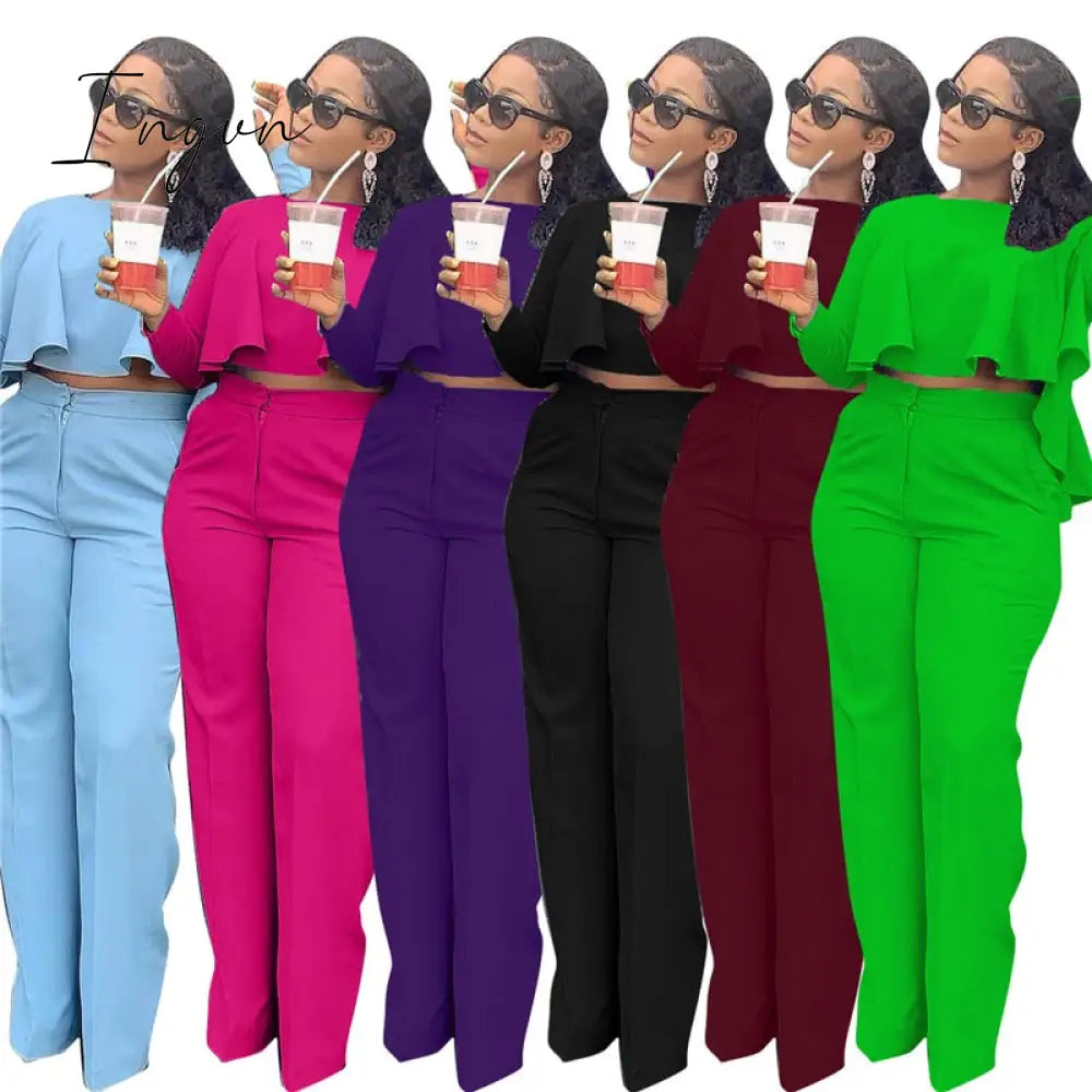 Ingvn - 2023 Elegant Work Wear Two Piece Set Fall Clothes for Women Ruffles Crop Top and Wide Leg Pants Suits Matching Sets Sexy Club Outfits