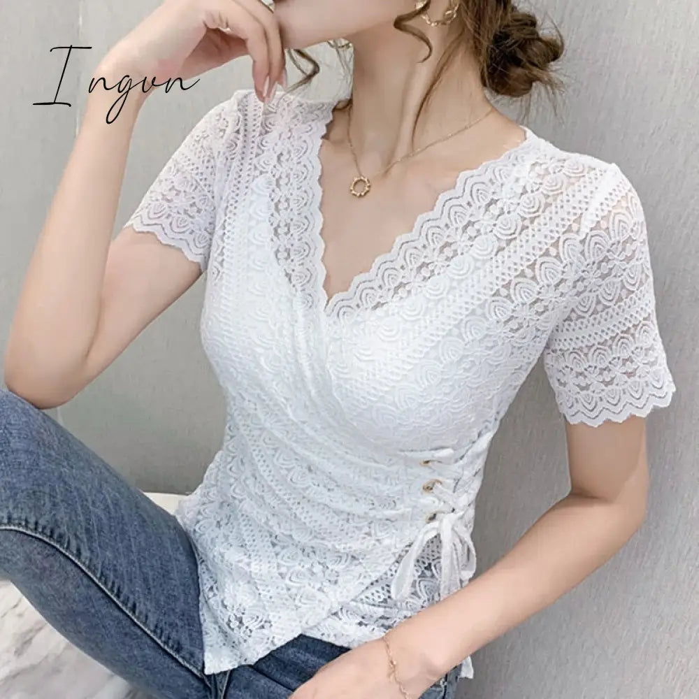 Ingvn - 5XL Women lace tops New Arrivals Summer short sleeve v-neck women blouse shirt Sexy Hollow out lace tops plus size blusas