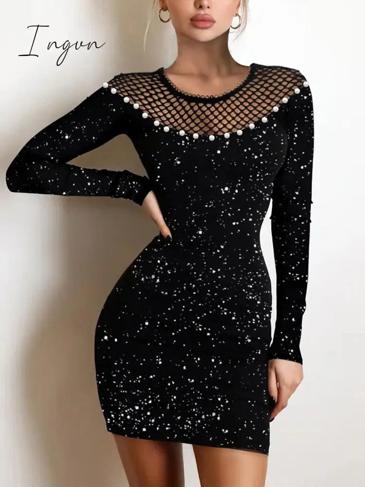 Ingvn - Y2K Sexy Floral Print Contrast Mesh Bodycon Dress Geometric Night Out Vestidos Mini Casual Daily Women Floral Dress