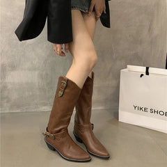 Ingvn  Vintage Pointed Toe Women Western Cowgirl Boots Fashion Elegant Belt Buckle Shoes Square Heels Ladies Knight Long Shoes