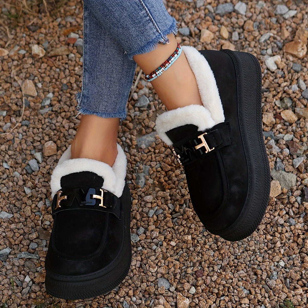 Cozy & Stylish Women's Winter Snow Boots - Plush Lined, Slip-On Loafers with Metal Buckle Detail, Warm Outdoor Footwear