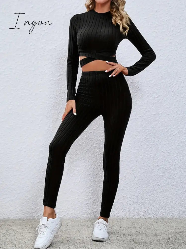 Ingvn - Women's Crop Top Pants Sets Black Red Khaki Solid Color Long Sleeve Casual Daily Fashion Round Neck Regular Fit Spring &  Fall