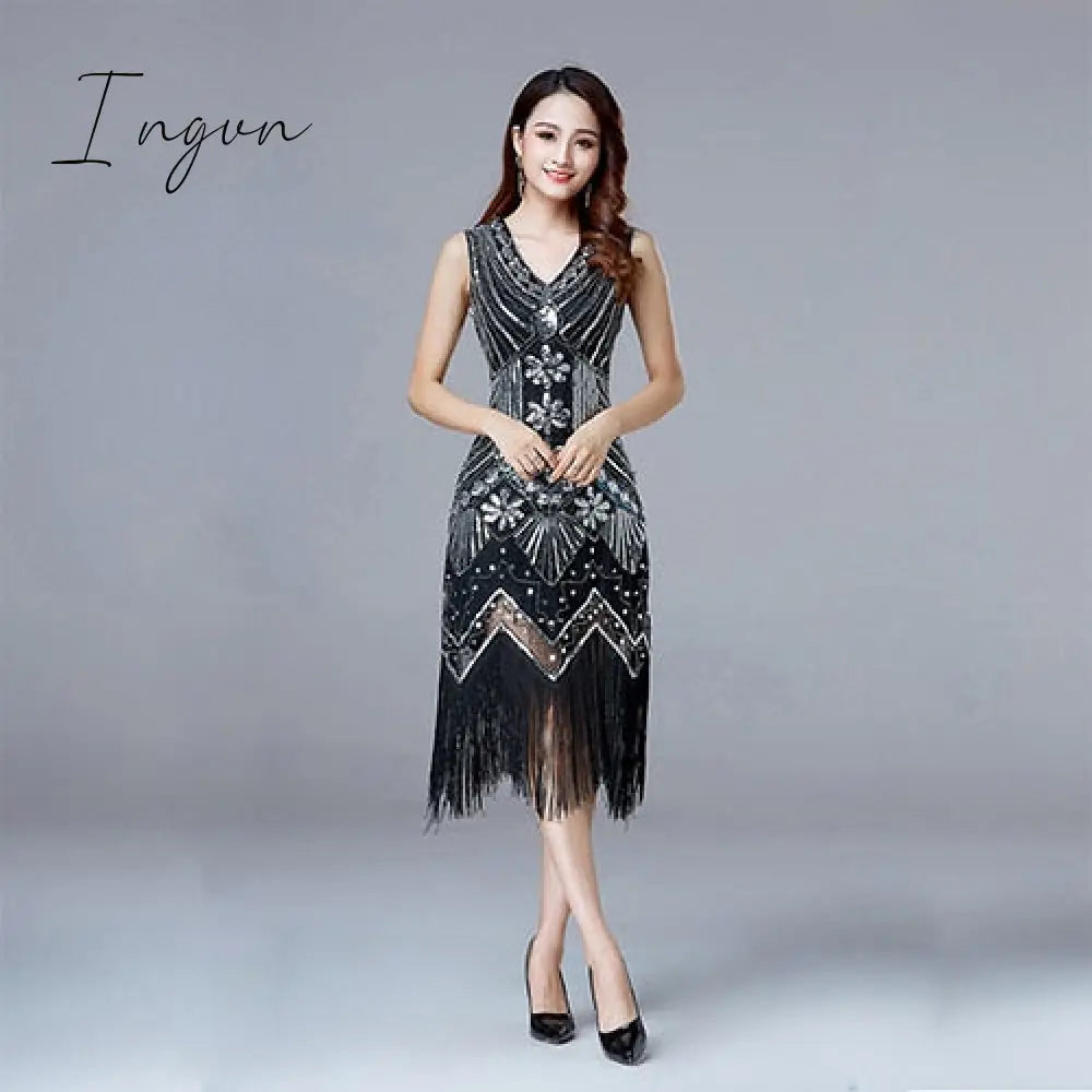 Ingvn - 1920s Vintage Flapper Great Gatsby Party Dress V-Neck Sleeveless Sequin Beaded style Style Tassel Flapper Vestidos Feminina 1920