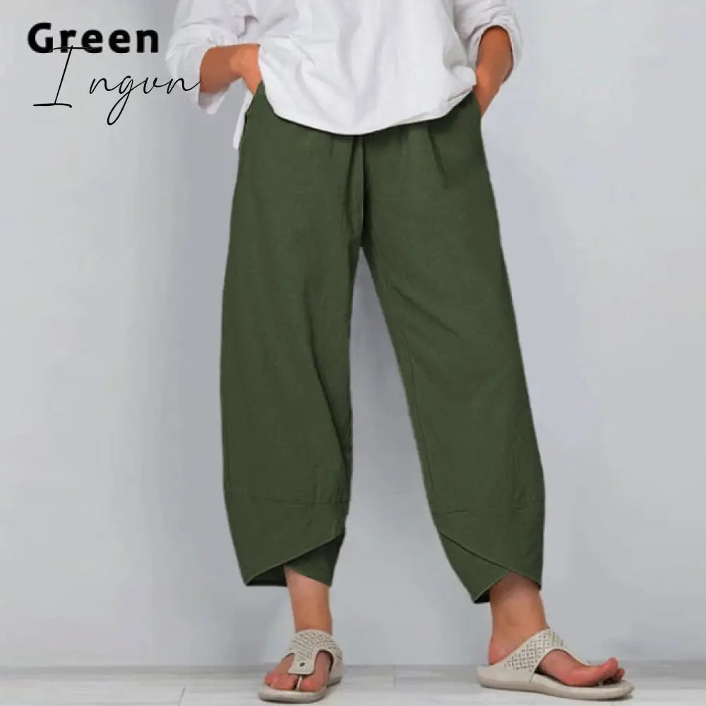 Ingvn - Vintage Harem Pants Women Casual Loose Printed Elastic Waist Cotton Linen Wide Leg Pants Summer Irregular Pantalon Cropped Pants