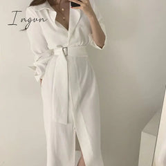 Ingvn - Summer Women'S Dress Shirt Dress Long Evening Female Vintage Maxi Party Beach Women Dresses Casual Elegant Prom Pure White