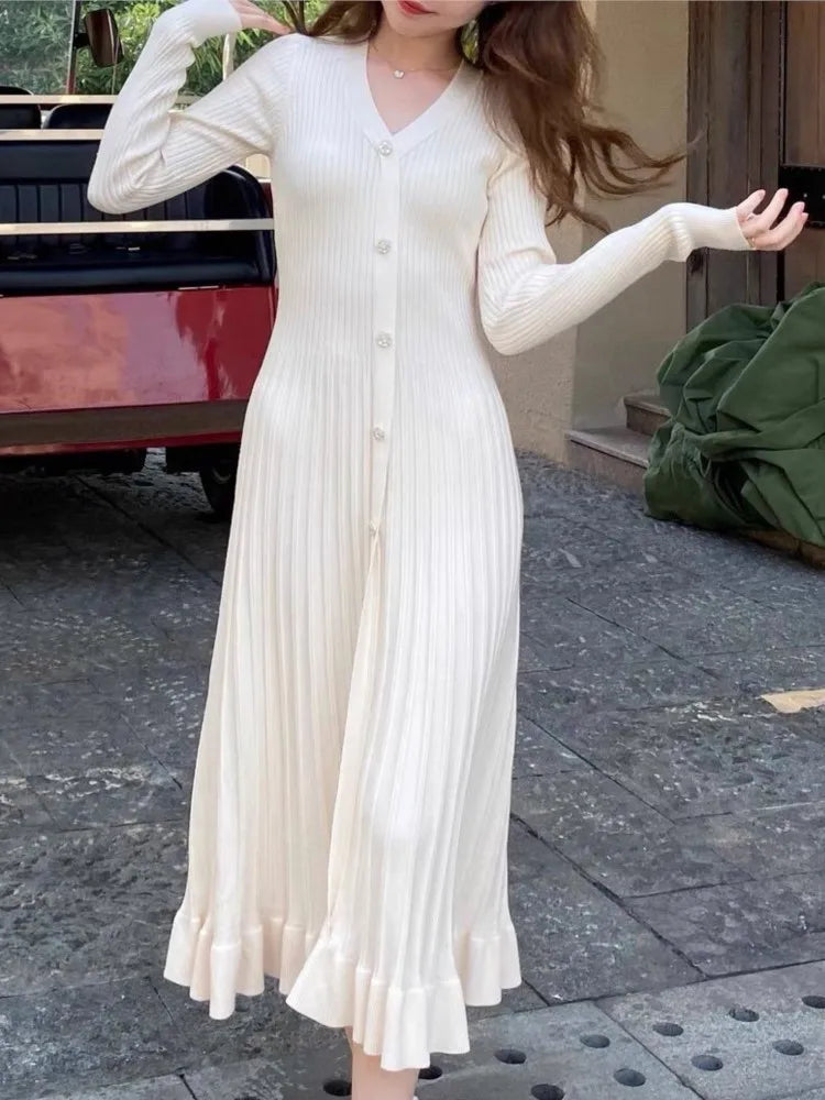Solid Knitted Dresses for Women Autumn Long Sleeves V-neck Single Breasted Pleated Ruffles Casual Korean Fashion Female Clothing