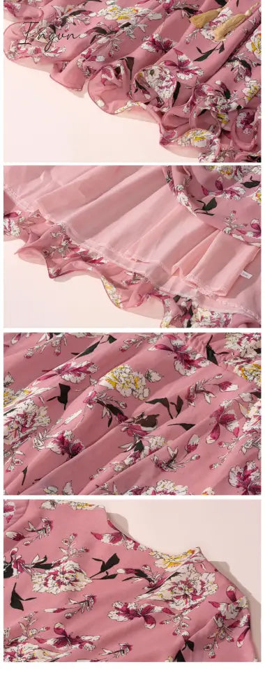 Ingvn - Chiffon High Elastic Waist Party Dress Bow A-line Women Butterfly Sleeve Flower Print Floral Boho Dress Female Vestido Plus Size