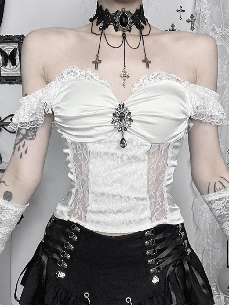 Gothic Bride Off-Shoulder Strap Cropped Top for Women Vintage Style Elegant Spicy Girls Versatile T-Shirt.