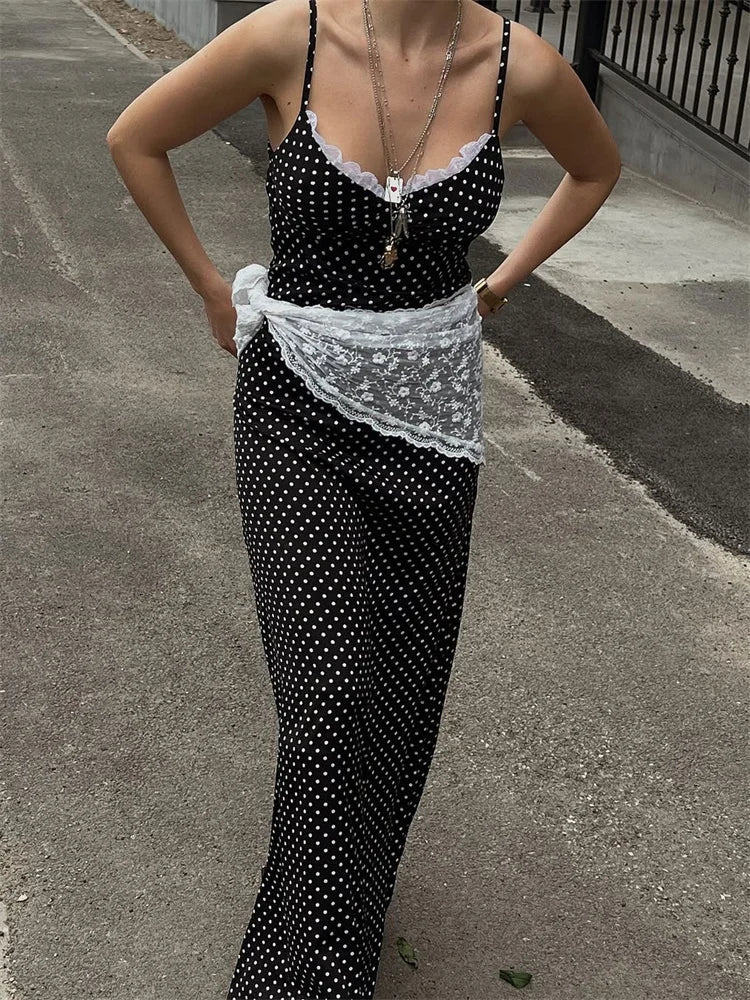 Lace Patchwork Printed Long Dress For Women Summer Slim Fashion V-Neck Spaghetti Backless Dress Female Halter Dresses