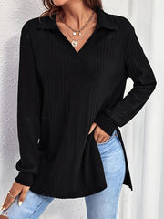 1pc Elegant Solid Color Ribbed Knit V-Neck T-Shirt, Long Sleeve Polyester Top for Women, Spring/Fall Casual Wear