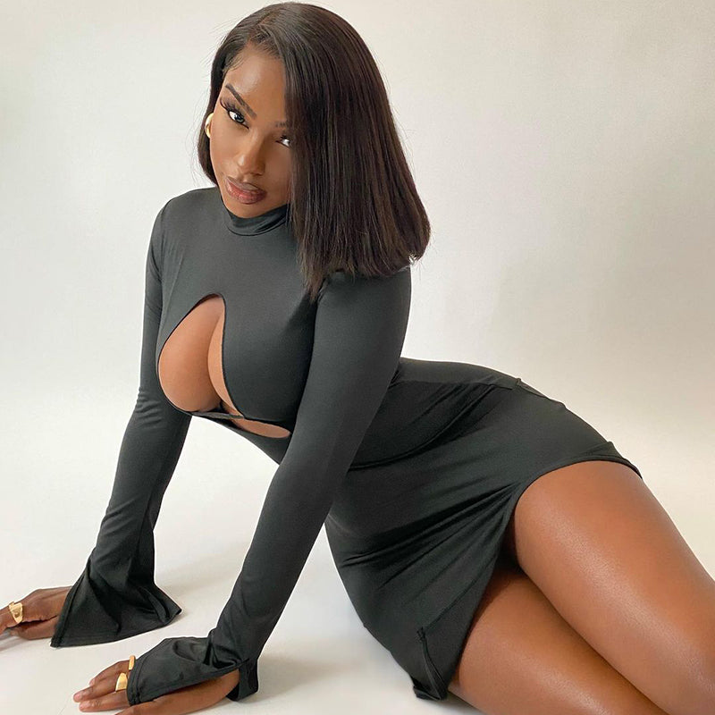 Long Flare Sleeve O Neck Bodycon Hollow Out Mini Dress Autumn Winter Women Fashion Outfit Y2K Slim Streetwear