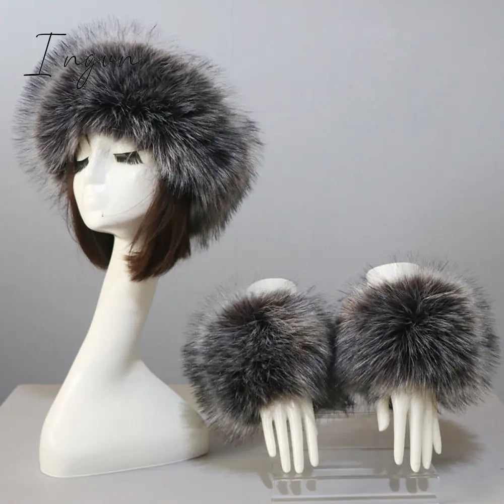 Ingvn - New Autumn Winter Caps Female Hats Cuffs Set Fashion Warmth Imitation Quality Design Faux Fur Hat Fox Fur Sleeves Suit Accessary