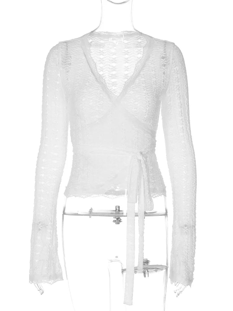 Bandage Hollow Out V-Neck T-shirt Top Women's Bandage Long Sleeve See-Through Sexy Casual Pullover Female Printed Tee Top