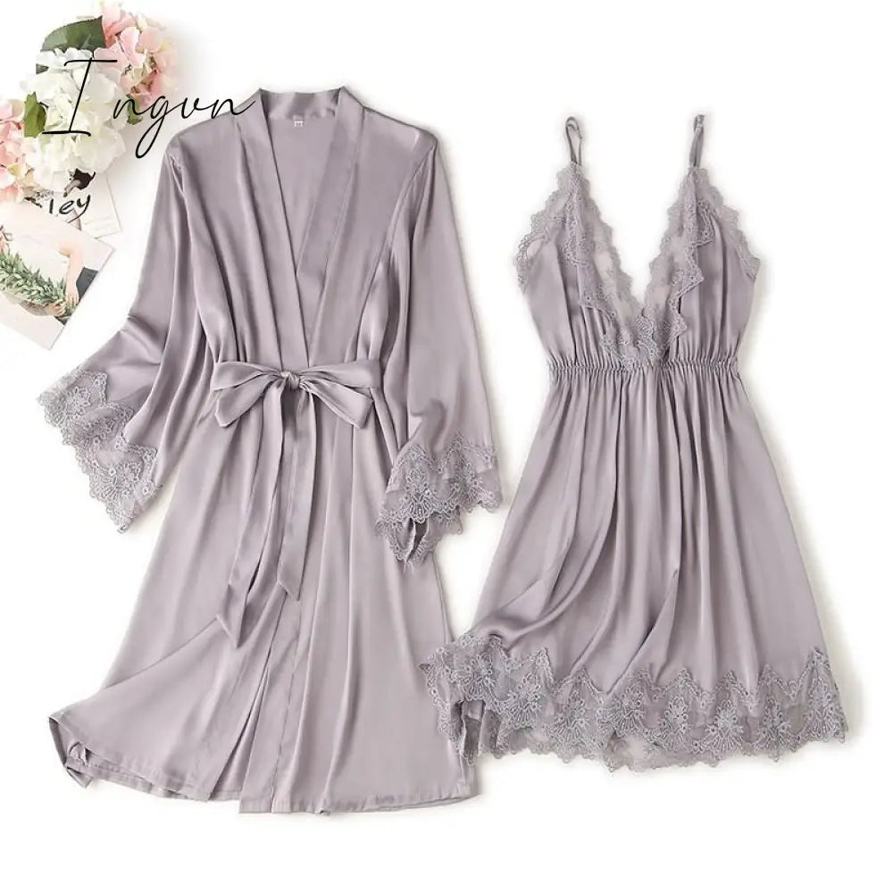 Ingvn - Lace Trim Sexy Wedding Lady Robe Suit Loose Satin Bride Bridesmaid Kimono Bathrobe Gown Mini Sleepwear Rayon Intimate Lingerie