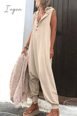 Ingvn - Casual Solid Buckle Hooded Collar Loose Jumpsuits(10 Colors)