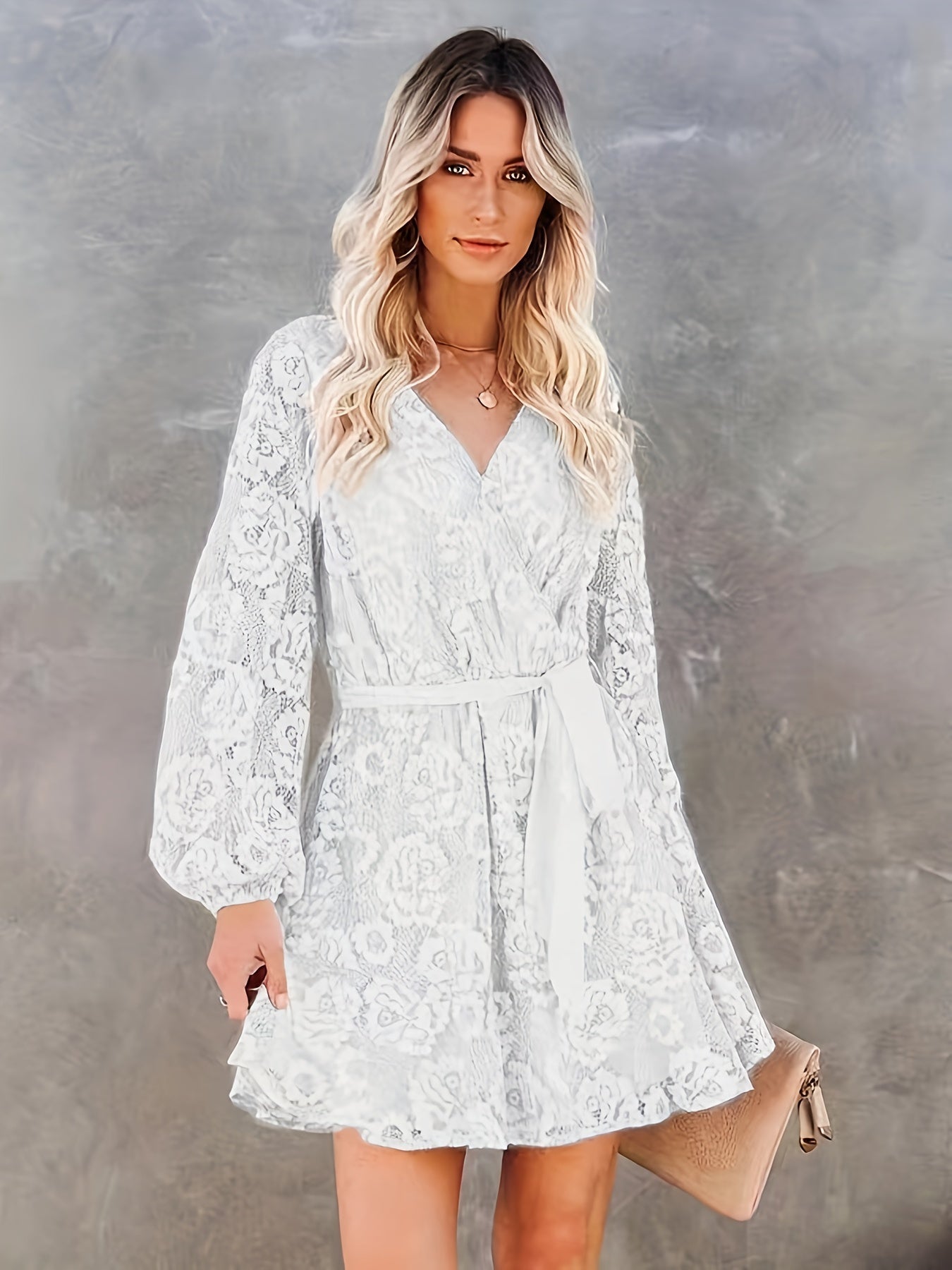 Guipure Lace Surplice Neck Dress, Elegant Lantern Sleeve Tie Waist Dress For Spring & Fall, Women's Clothing