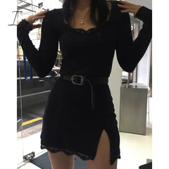 Ingvn - Women Winter Dress Women New Arrivals Sexy Long Sleeve Lace Split Black White Solid Party Dresses Vestidos