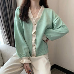 Ingvn - Spring Autumn New Women's Clothing Sweet V-Neck Knitted Cardigan Korean Fashion Buttons Long Sleeve Ruffles Sweaters Female