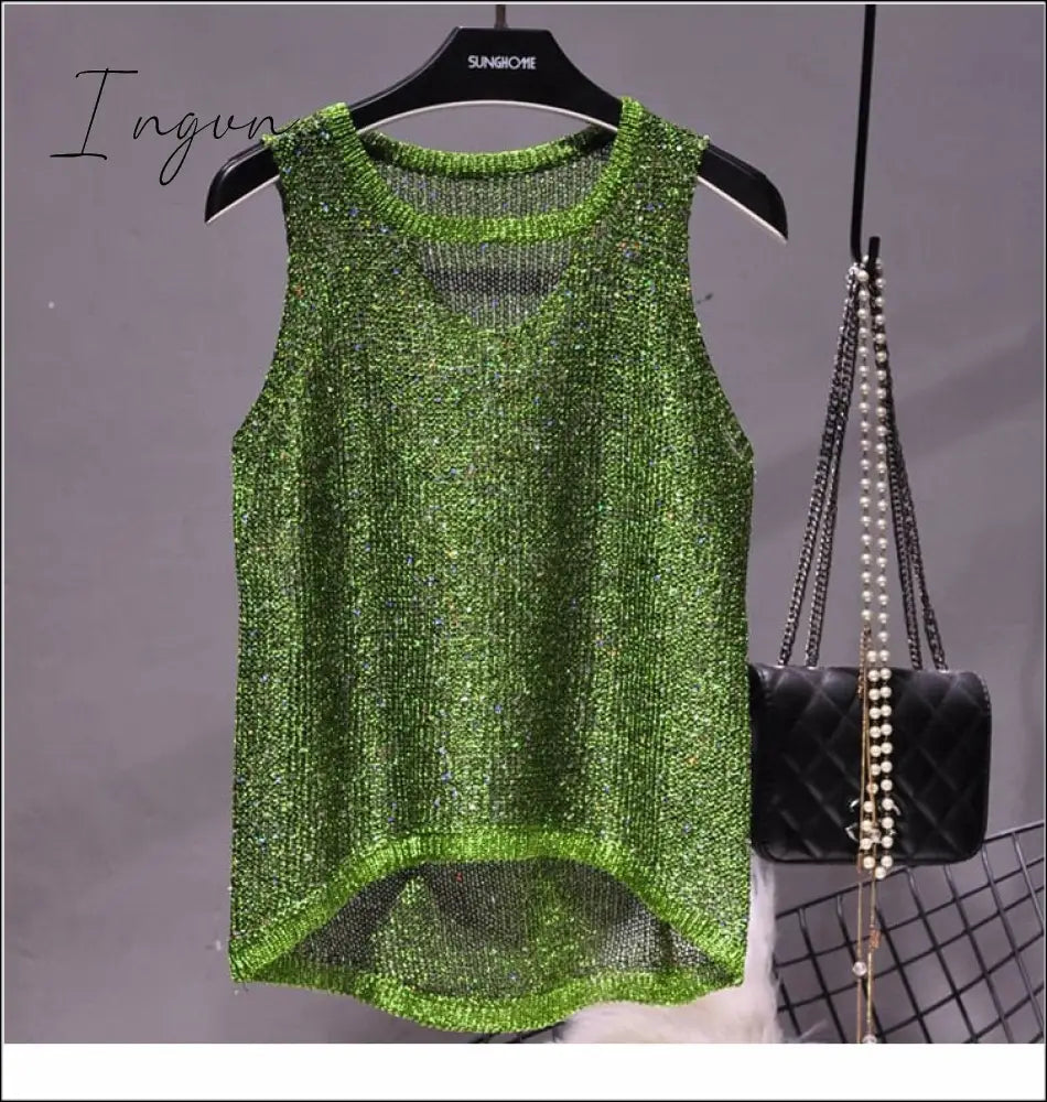 Ingvn - 2023 Summer New Sexy Hollow Sequined Knit Camisole Top Sleeveless Hollow Out Top Shirt Women's Loose Casual Crop Top Tops