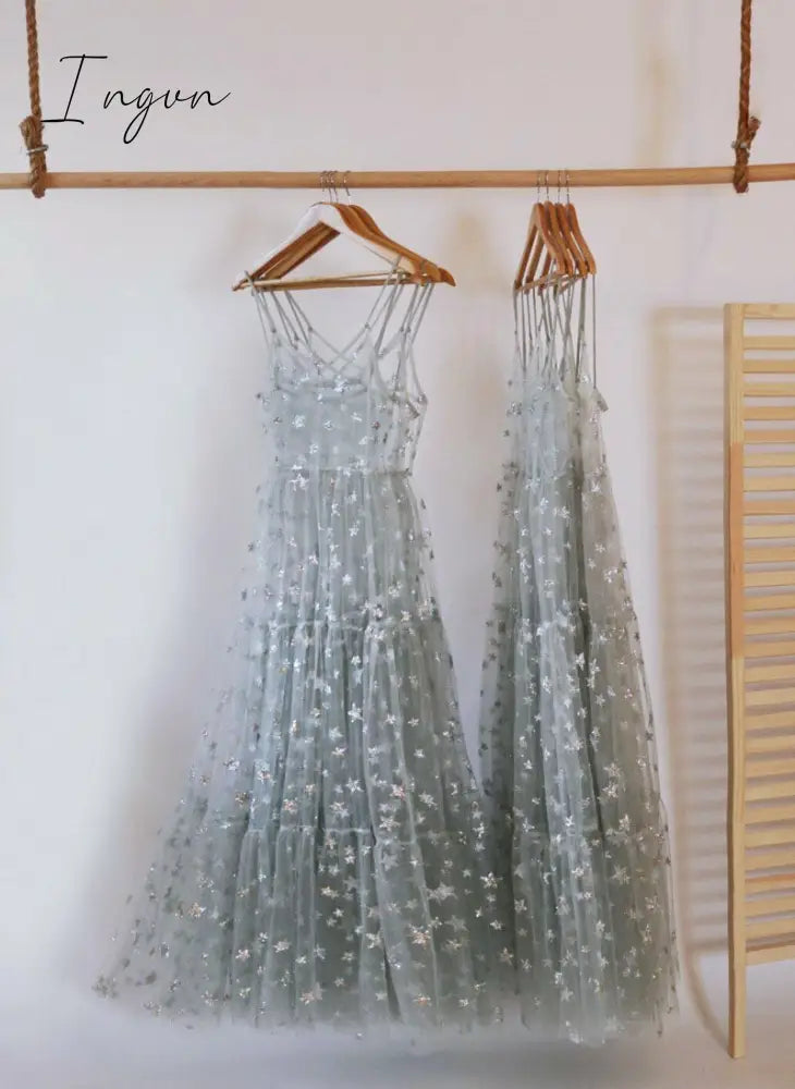 Ingvn - Elegant Spaghetti Straps Tulle Long Women Dress Fashion Bling Bling See Through Dress Sexy Fashion Hot Selling Beachwear